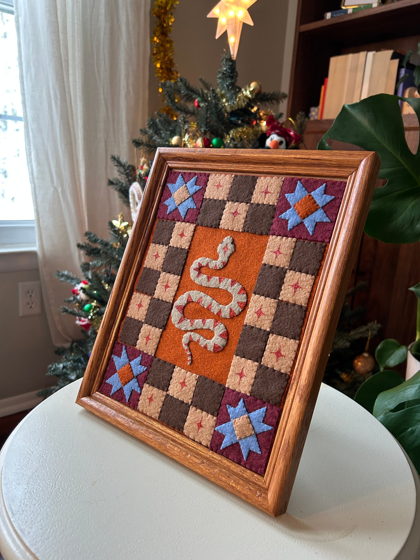 Snake and Checkers- Framed Felt Folk Art Snake