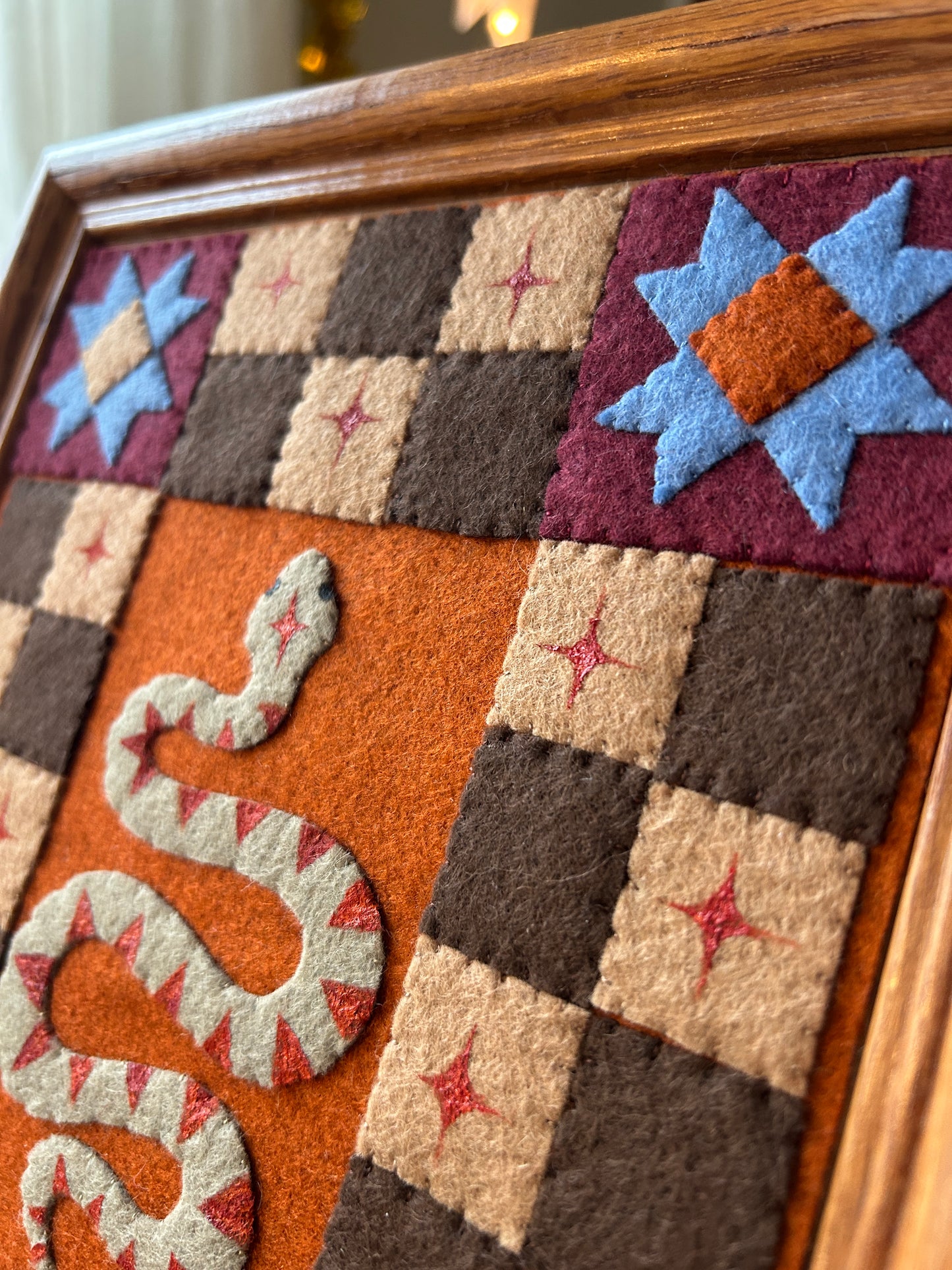 Snake and Checkers- Framed Felt Folk Art Snake