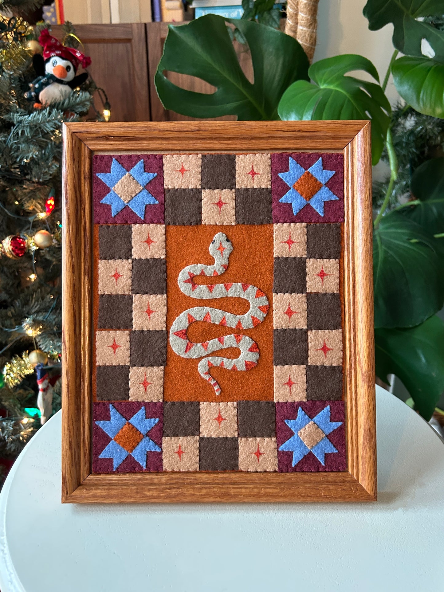Snake and Checkers- Framed Felt Folk Art Snake