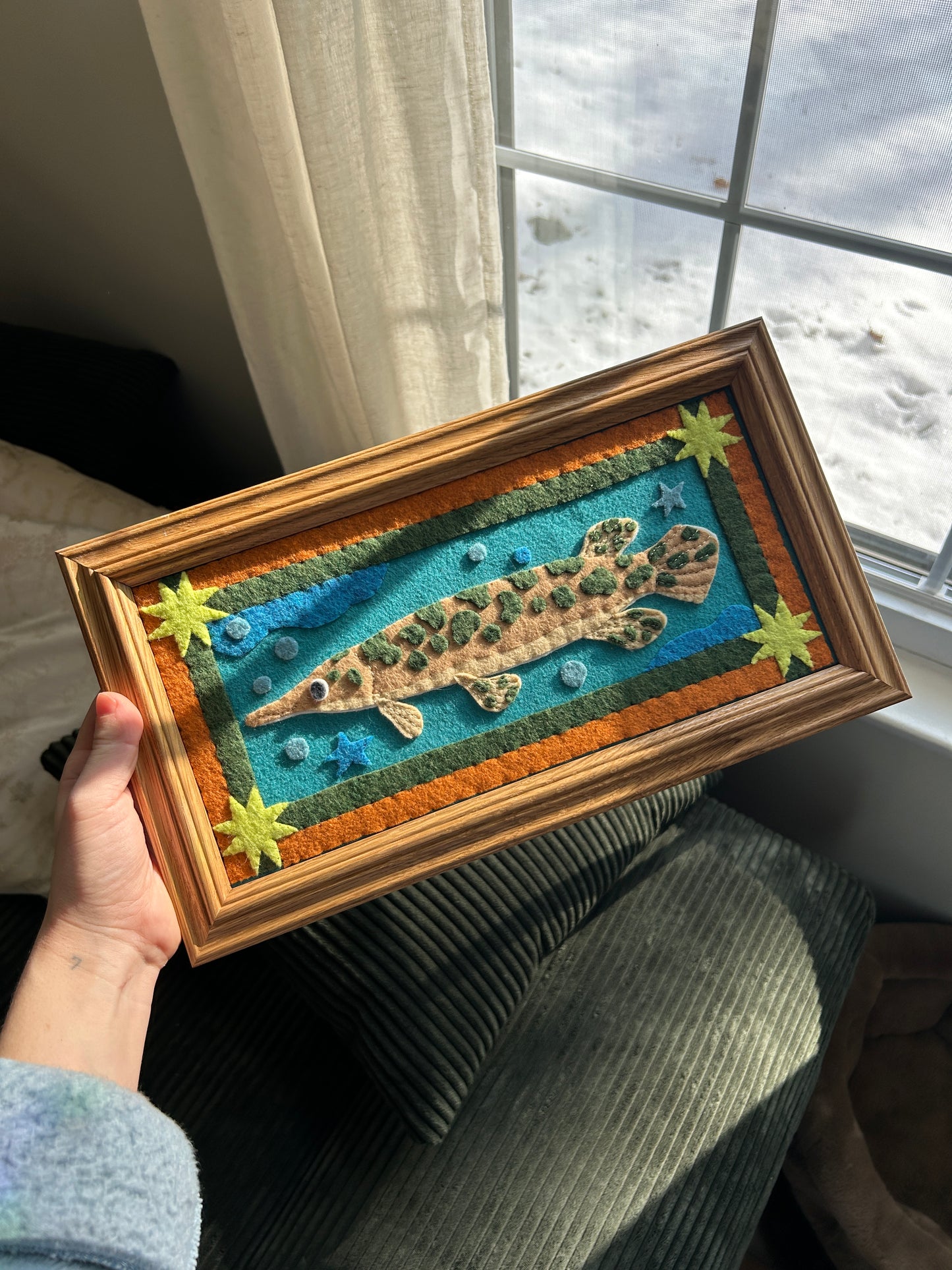 Spotted Gar - Framed Felt Embroidery Fish Art